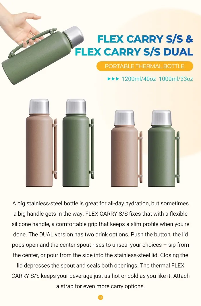 flex carry stainless steel portable thermal bottle with dual lid